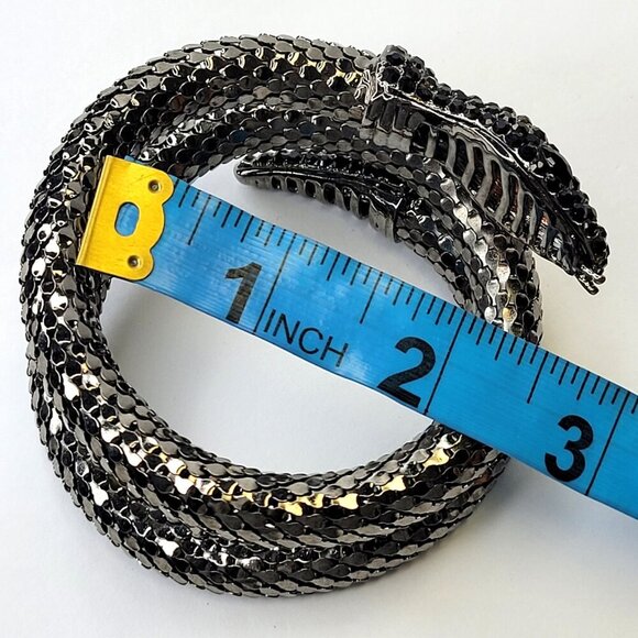 Vintage Mesh Black Rhinestone 3 Coil Serpent SIlver Snake Bracelet - Picture 6 of 12